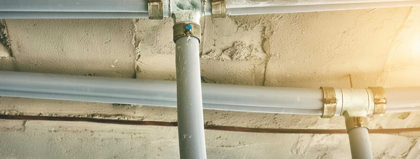 polybutylene pipes in a basement ceiling joists